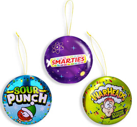 Bee Assorted Christmas Ornament Tins w/ Smarties, Sour Punch & Warheads 24ct